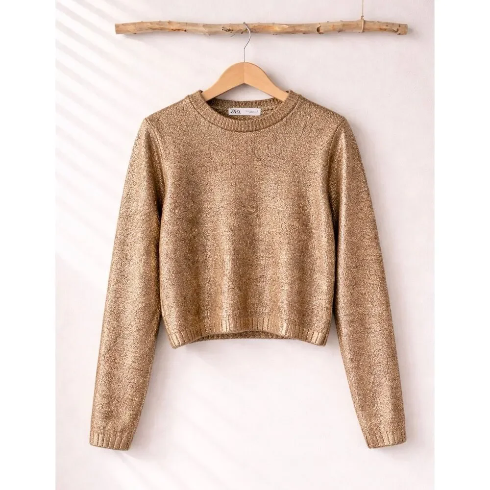 Zara gold metallic crewneck crop sweater M